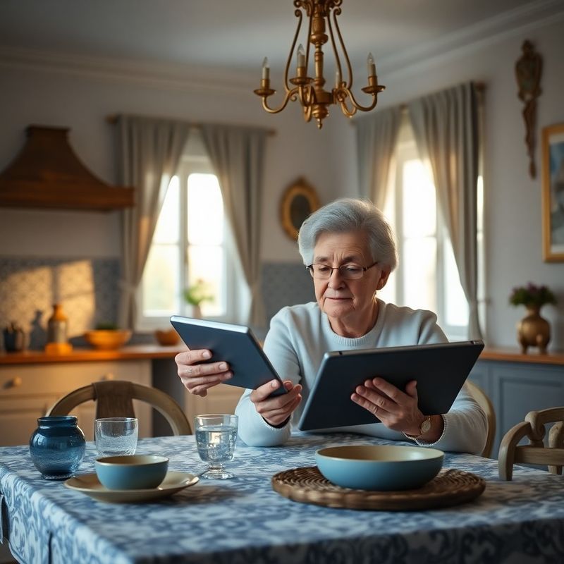 Pár v padesátých letech kontroluje na tabletu projekci příjmů u kuchyňského stolu